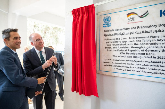 Niels Annen, Parliamentary State Secretary of the Federal Ministry for Economic Cooperation and Development (BMZ), and Ben Majekodunmi, Chief of Staff of the United Nations Relief and Works Agency for Palestine Refugees in the Near East (UNRWA), inaugurate the UNRWA Talbiyeh Elementary and Preparatory Boys’ Schools in the Talbiyeh Palestine refugee camp in Jordan on Wednesday (Photo courtesy of UNRWA)