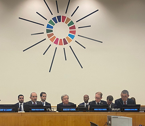 UN Secretary-General Antonio Guterres, UNRWA Commissioner-General Philippe Lazzarini, Foreign Minister Ayman Safadi and Swedish Foreign Minister Tobias Billström during a ministerial meeting to show support for UNRWA in New York on Thursday (Petra photo) 