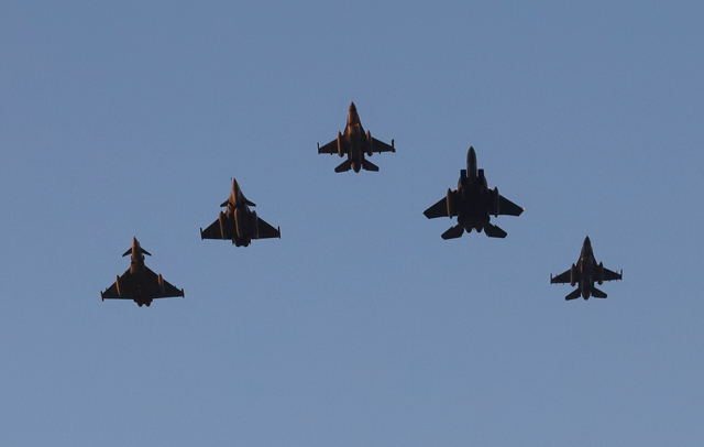 A formation flyover led by the Royal Jordanian Air Force during celebrations to mark the 75th anniversary of the United States Air Force in Amman on Thursday (Petra photo) 