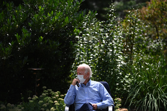 Democratic presidential candidate Joe Biden speaks with labour leaders in Lancaster, Pennsylvania, on Monday (AFP photo)