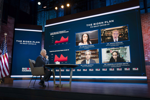 Democratic presidential nominee Joe Biden attends a coronavirus briefing at The Queen theatre on Wednesday in Wilmington, Delaware (AFP photo)