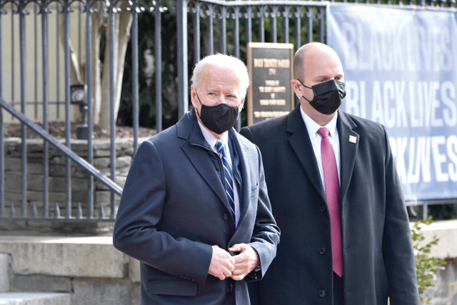 US President Joe Biden (centre) leaves Holy Trinity Catholic Church in the Georgetown neighbourhood of Washington, DC, on Saturday (AFP photo)