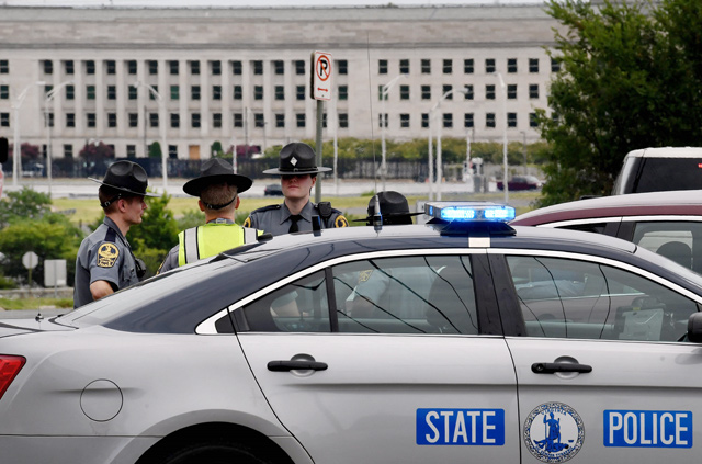 Virginia Sate Troopers patrol near the Pentagon after report of an active shooter and lockdown in Washington, DC, on Tuesday (AFP photo)