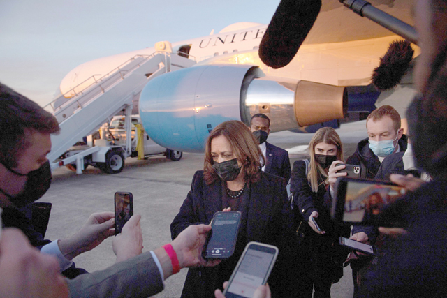 US Vice President Kamala Harris speaks to the press before boarding Air Force Two at Columbus International Airport on Friday, in Columbus, Ohio (AFP photo)