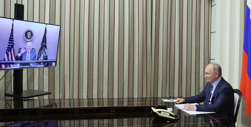 Russian President Vladimir Putin attends a meeting with US President Joe Biden via a video call in the Black Sea resort of Sochi on Tuesday (AFP photo)