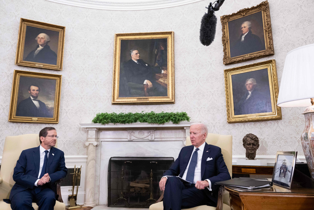 US President Joe Biden meets with Israeli President Isaac Herzog in the Oval Office of the White House in Washington, DC, on Wednesday (AFP photo)
