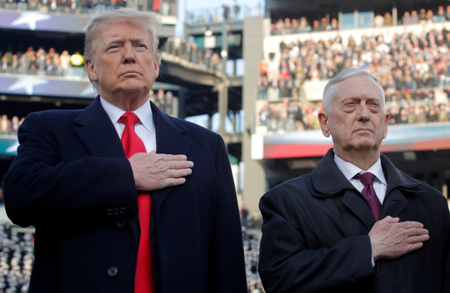 President Donald Trump and former defence secretary, Jim Mattis, attend the 119th army-navy football game at Lincoln Financial Field in Philadelphia, Pennsylvania, US, on December 8 (Reuters photo)