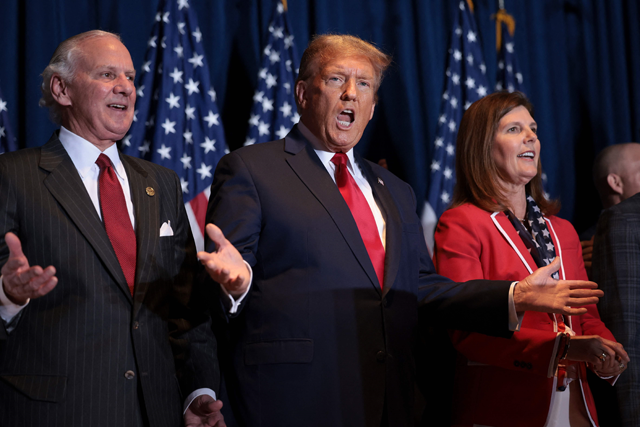 Republican presidential candidate and former President Donald Trump gestures to supporters at an election night watch party at the State Fairgrounds on Sunday in Columbia, South Carolina (AFP photo)