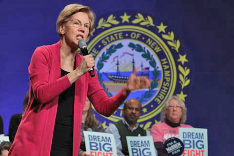 Democratic presidential candidate Sen. Elizabeth Warren (D-MA) speaks during a campaign event at The Colonial Theatre on Tuesday in Keene, New Hampshire (AFP photo)