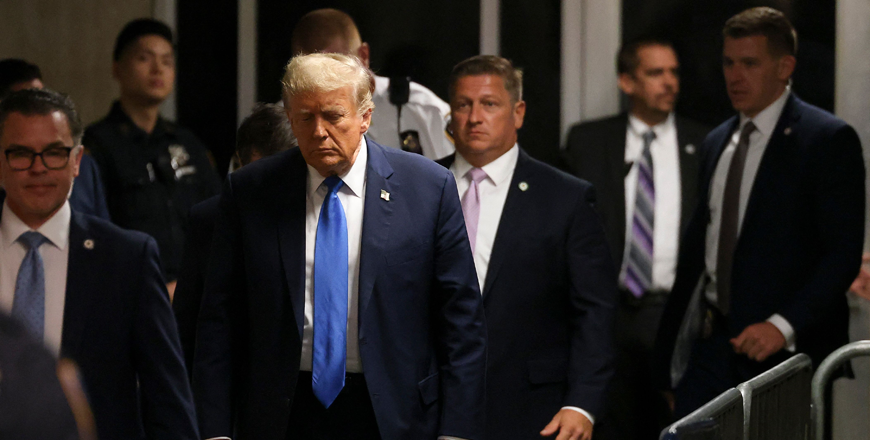 Former US president Donald Trump leaves the courtroom at Manhattan criminal court, during his trial for allegedly covering up hush money payments linked to extramarital affairs in New York on Monday (AFP photo)