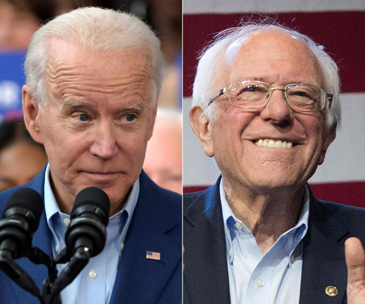 This combination of photos created on Wednesday shows Democratic presidential candidate Joe Biden (left) speaking to supporters during a rally on Monday at Texas Southern University in Houston, Texas, and Democratic White House hopeful Vermont Senator Bernie Sanders speaking during a campaign rally at the Convention Centre in Los Angeles, California, on Sunday  (AFP photo)