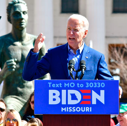 Democratic presidential candidate Joe Biden speaks during a campaign rally at Kiener Plaza Park in St Louis, Missouri, on Saturday (AFP photo)