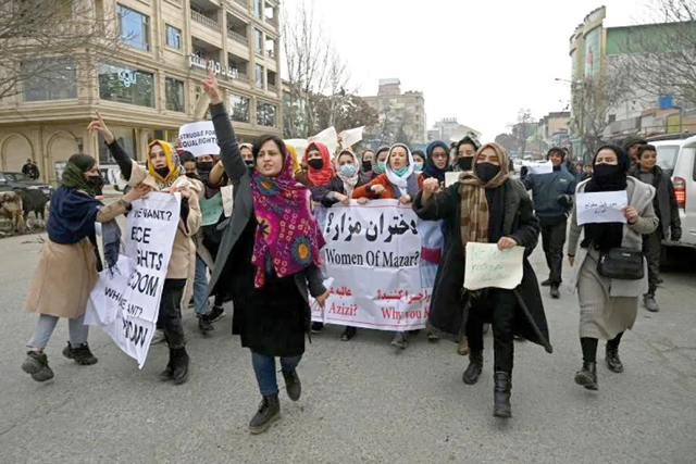 A group of women in Kabul protest the loss of freedom since the Taliban took back power in Afghanistan in August (AFP photo)
