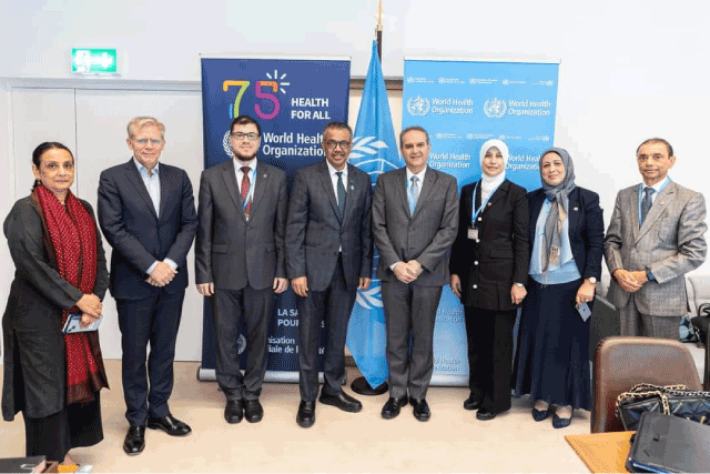 WHO Director-General Tedros Adhanom  Ghebreyesus, Health Minister Firas Al Hawari and officials pose for a photo on the sidelines of the 76th World Health Assembly in Geneva, Switzerland (Petra photo)