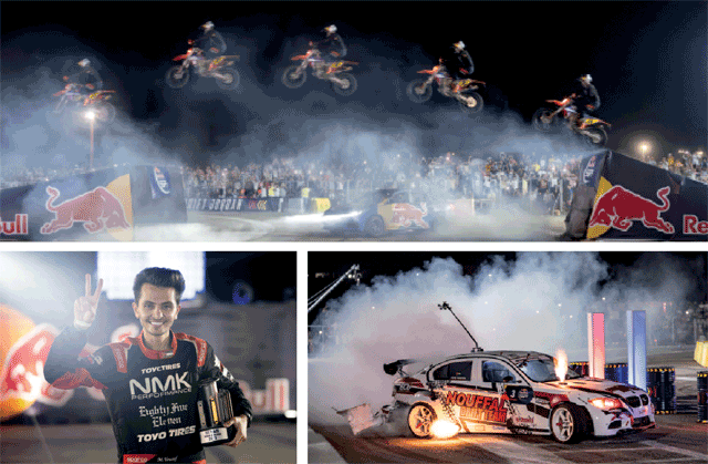 Clockwise from top: Al Sab3 (motorbike) and Abdo Feghali (car) perform a stunt during the Red Bull Car Park Drift event at the Dead Sea on Saturday. Competitor Mohammed Nouffal drifting in the Red Bull Car Park Drift event. First place winner of the Red Bull Car Park Drift event Moaid Marwan with the trophy (Photos courtesy of Estabraq Kamal)