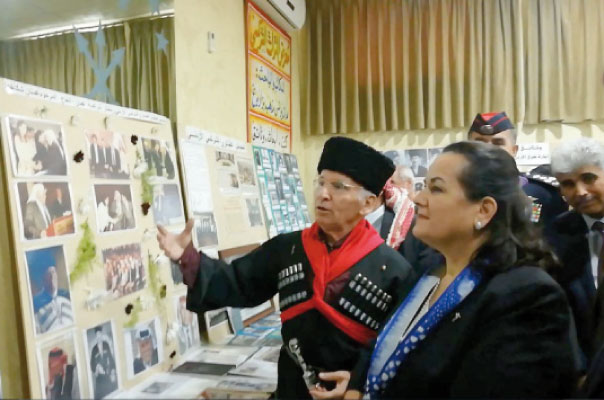   Writer and researcher Adnan Bzadog shows HRH Princess Sanaa Asem around the Circassian Heritage Exhibition on Monday in Zarqa (Photo by Bahaa Al Deen Al Nawas)