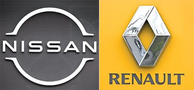 This combo photo shows the logos of Japan's Nissan Motor and France's Renault displayed their showroom in Tokyo on January 17 (AFP photo)