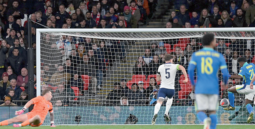 Brazil’s striker #21 Endrick (second right) shoots to score the only goal of the international friendly football match between England and Brazil at Wembley Stadium in north London on Saturday (AFP photo)
