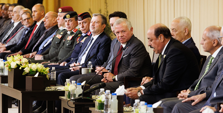  His Majesty King Abdullah reaffirmed Jordan's firm position on the Palestinian cause, in rejection of displacement, resettlement, and an alternative homeland, during a meeting with a group of military retirees, on the occasion of Veterans Day, attended by HRH Crown Prince Hussein, at the Royal Hashemite Court  (Photo courtesy of Royal Court)