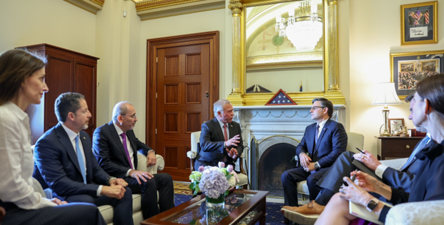 His Majesty King Abdullah holds meetings on Capitol Hill on Tuesday with Speaker of the US House of Representatives Mike Johnson, key committees from the Senate and House, and US Representative Nancy Pelosi, the Speaker Emerita of the House (Photo courtesy of Royal Court)