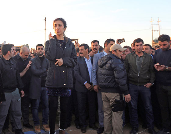 Nobel Peace Prize laureate and Yazidi activist Nadia Murad is seen during her visit to Sinjar city, Iraq, on Friday (Reuters photo)