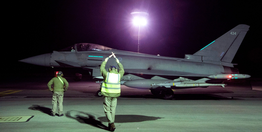A handout photo released by the British ministry of defence on Saturday shows a RAF Typhoon FGR4 aircraft preparing to take off to conduct further strikes against targets in Yemen (AFP photo)  