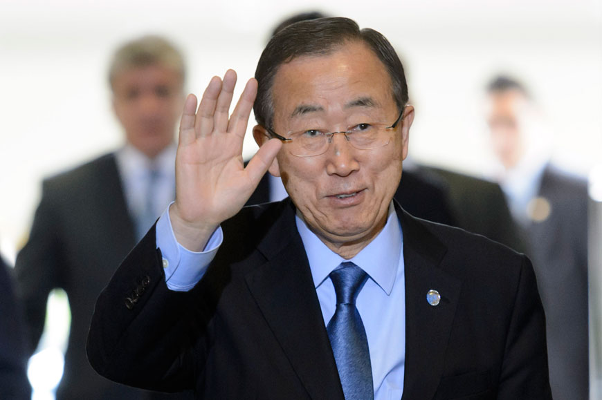 UN Secretary General Ban Ki-moon arrives on the eve of the Geneva Consultations on Yemen at the European headquarters of the United Nations in Geneva, Switzerland, on Sunday (AP photo)