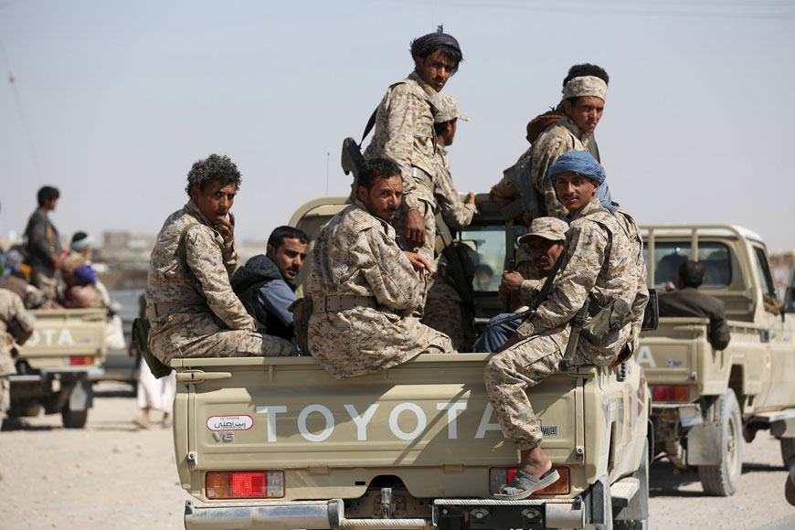 Soldiers loyal to Yemen’s government ride on the back of a truck during a visit by the country’s vice president and prime minister, Khaled Bahah, to the northern province of Marib on Sunday (Reuters photo)