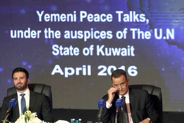 United Nations Special Envoy to Yemen Ismail Ould Cheikh Ahmed (right) and UN spokesman Charbel Raji attend a press conference at Kuwait’s information ministry in Kuwait City on Friday (AFP photo)