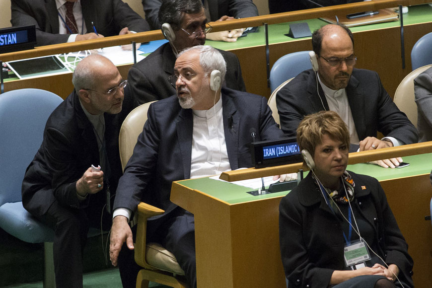 Iranian Foreign Minister Mohammad Javad Zarif (centre) attends the 70th session of the UN General Assembly at the United Nations in New York on Monday (AFP photo)