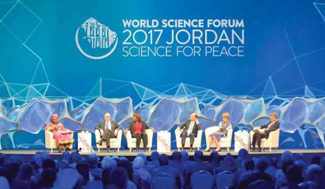 A panel of experts during a plenary session titled 'Science and Food Security: How to Feed the World Sustainably and Equitably' at the King Hussein Bin Talal Convention Centre at the Dead Sea on Wednesday (Photo by Amjad Ghsoun)