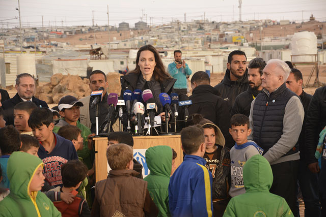 UNHCR Special Envoy Angelina Jolie speaks during a visit to the Zaatari refugee camp on Sunday (Photo by Amjad Ghsoun)