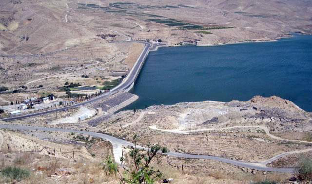 An aerial photo of Mujib Dam in Karak Governorate with farmland in the background (FIle photo)