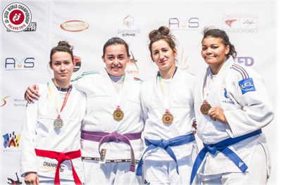 Jordan’s Lama Qubbaj (3rd from right) poses with winners at the 2016 JJIF World Ju Jitsu Championship in Wroclaw, Poland, on Sunday (Photo courtesy of the JOC Media Centre)
