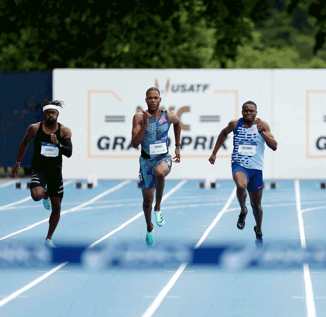 Zharnel Hughes of Great Britain (centre) compete in the Asics Men’s 100m during the 2023 USATF NYC Grand Prix in New York City on Saturday (AFP photo by Sarah Stier)