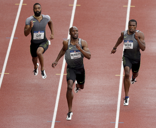 LaShawn Merritt (middle), second place Ameer Webb (right) and third place Tyson Gay finish during the semifinals in the men’s 200-metre run at the US Olympic Track and Field Trials, on Friday, in Eugene Oregon (AP photo by Charlie Riedel)
