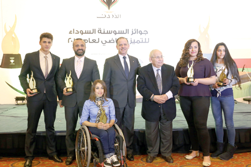 HRH Prince Feisal, president of the Jordan Olympic Committee, and HRH Prince Raad, president of the Paralympic Committee, stand alongside the winners of the Black Iris Sports Awards at the awards ceremony in Amman on Monday (Photo courtesy of the JOC)