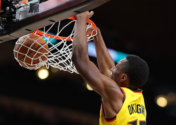 Onyeka Okongwu of the Atlanta Hawks dunks against the Los Angeles Lakers during their NBA game in Atlanta, Georgia, on Sunday (AFP photo by Kevin C. Cox)