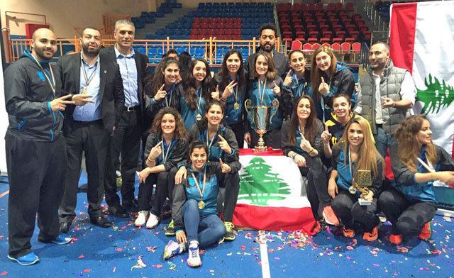 Lebanon’s Riyadi women’s team celebrate winning the 2016 West Asian Women’s Basketball Champions Cup at the Fuheis Club on Friday (Photo courtesy of twitter.com)