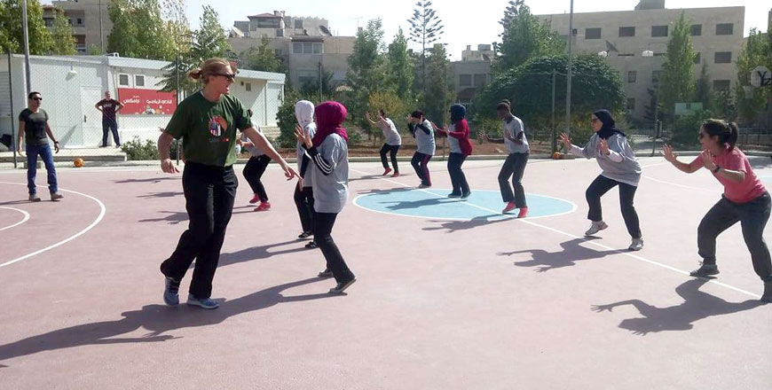 Former WNBA/NBA players Sue Wicks and Neal Meyer train female coaches of the Reclaim Childhood organisation on the Riyadi Aramex court on Thursday (Photo by Sara Gharaibeh)