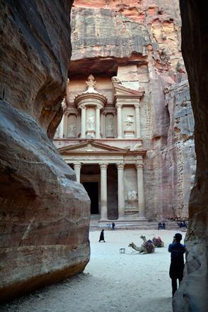 A view of Petra’s Treasury, the rose-red city’s iconic façade, from the Siq, the natural gorge leading to the ancient site (JT file photo)