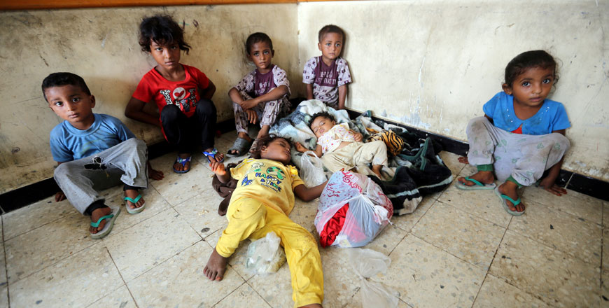 Children sheltering in a classroom of a school to which they were evacuated from a village near Hodeida airport, Yemen, on June 17 (Reuters file photo)