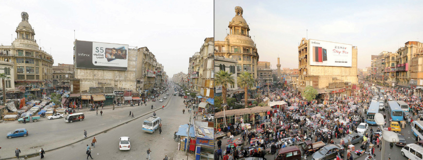 This combination of photos shows views of Attaba Square in the centre of the Egyptian capital Cairo, packed with pedestrians on December 12, 2017 (right) and almost empty on March 25, (left) before Egyptian authorities imposed a two-week night-time curfew as a measure against COVID-19 (AFP file photo)