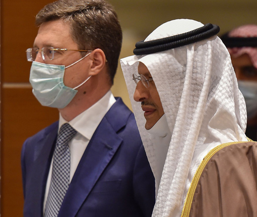 Saudi Minister of Energy Abdulaziz Bin Salman (right) is photo with his Russian counterpart Alexander Novak as they arrrive for a meeting of the Saudi-Russian Joint Committee, on Saturday (AFP photo)