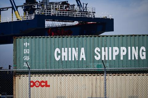 A China Shipping cargo container sits stacked at the Port of Long Beach in Long Beach, California on April 10, 2025 (AFP photo)