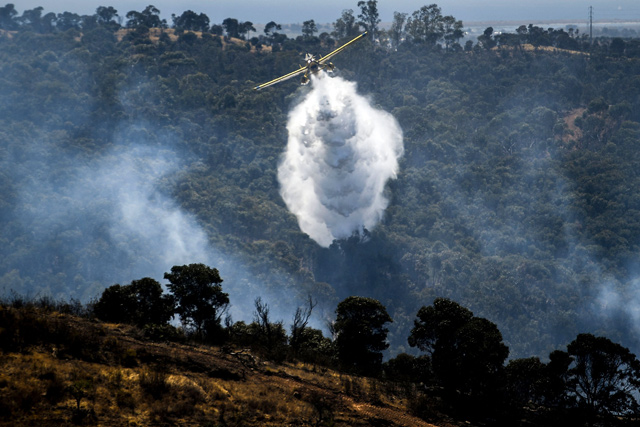 A firefighter plane tries to extinguish a wildfire near Tavira, south of Portugal, on Tuesday (AFP photo)