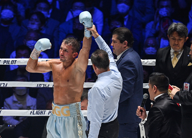 Kazakhstan’s Gennady Golovkin (left) celebrates victory against Japan’s Ryota Murata after their WBA IBF middleweight championship boxing bout in Saitama, Japan, on Saturday  (AFP photo by Philip Fong)