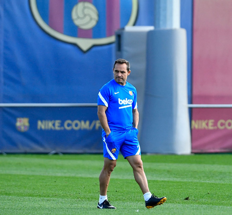 Barcelona’s Spanish interim headcoach Sergi Barjuan looks on during a training session with his players in Barcelona on Monday (AFP photo by Pau Barrena)