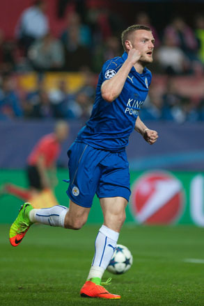 Leicester City’s forward Jamie Vardy celebrates after scoring during the UEFA Champions League round of 16 second leg match against Sevilla FC in Sevilla on Wednesday  (AFP photo by Jorge Guerrero)