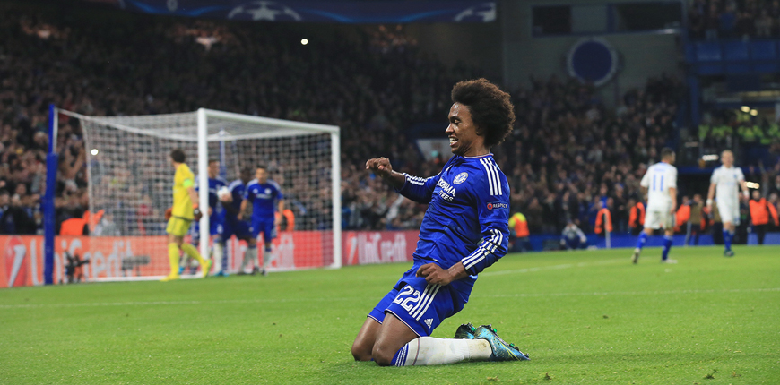  Chelsea’s Willian celebrates after scoring the winning goal during the Champions League Group G football match against Dynamo Kiev in London, on Wednesday (AP photo by Tim Ireland)